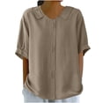 thumbnail image 1 of Hyknon Womens Tops Fashion Solid Color Short Sleeve Turndown Collar Temperament Blouses Shirts Casual Cotton and Linen Loose Fit Versatile Tops, 1 of 6