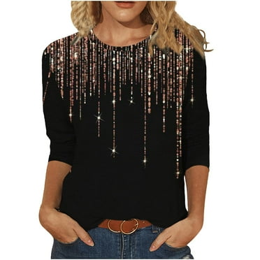 Hyknon Womens Tops Spring 3/4 Sleeves Round Neck Casual Pullover Shirts Pullover Tunic Tops Tie-dye Print Sequin Tops for Women