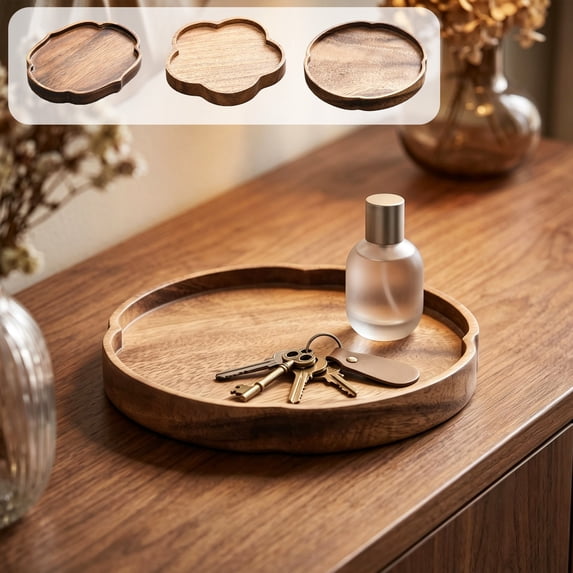 Hyknon Wood Serving Trays, Multi-Shapes Flower Round Irregular Serving Dishes, Small Food-Safe Easy Clean Decorative Trays Platter, Durable Serving Trays for Fruit Tea Dessert Coffee Snack Jewelry