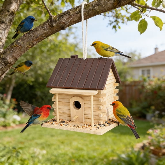 Hyknon Wooden Bird House Feeder, Hanging Bird Nest for Outdoor Garden, Natural Wood Birdhouse with Perch, Weatherproof Bird Shelter for Small Wild Birds, Decorative Bird Feeder for Yard Patio, Black
