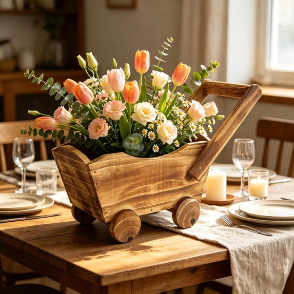 Hyknon Wooden Wagon Plantser Box, Garden Plants Cart with Wheels Handle, Rural Farmhouse Flower Basket, Cart Storage Basket Decor for Home Garden Outdoor Balcony Vegetables Flowers Herbs 10.2"L 6.3"H