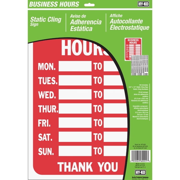 Hyko Prod. Hy-Ko Business Hours Window Cling Sign Kit - Pack of 8