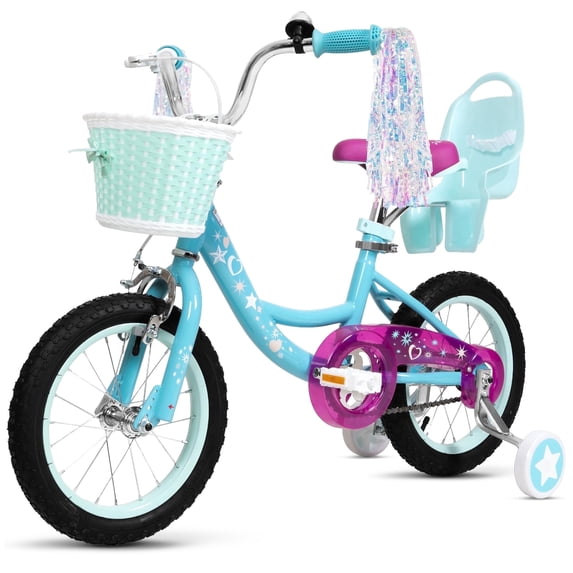 Hykolity 14 inch Girls Bike Princess Bicycle for Age 3-5 Years Old Rider Height 35-47 inch includes Training Wheel Basket Doll Seat Aqua Blue