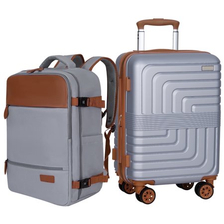 Hykolity 2-Piece 22" Luggage Set with Carry on & Travel Backpack, PC+ABS Hardside, TSA Lock, Spinner Wheels, Durable, Silver