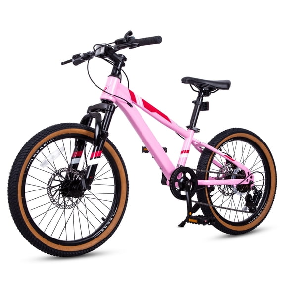 Hykolity 20 Inch Kids Mountain Bike, 7-Speed Children Teen Age 6-12 MTB Bicycle, Dual Disc Brakes, High Carbon Steel Frame Outdoor Cycling, Pastel Pink