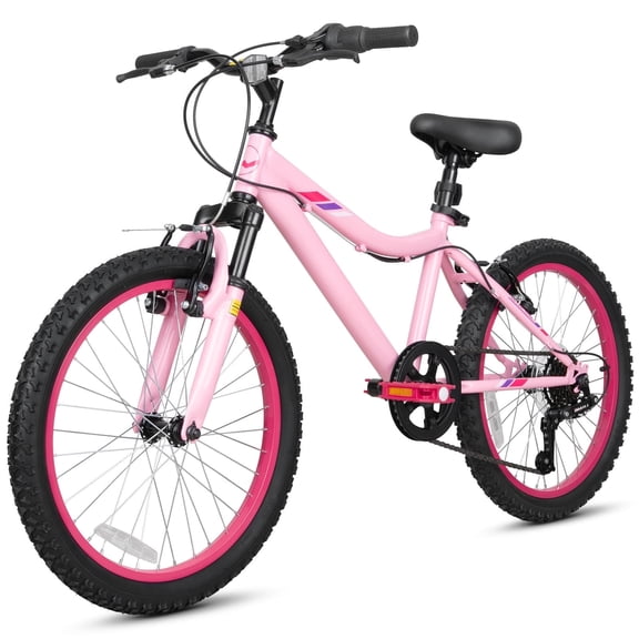 Hykolity 20 inch Kids Mountain Bike, 6 Speed Kid Bicycle Age 6-11 Year Old with Front Suspension Fork, Adjustable Seat Height, Pink
