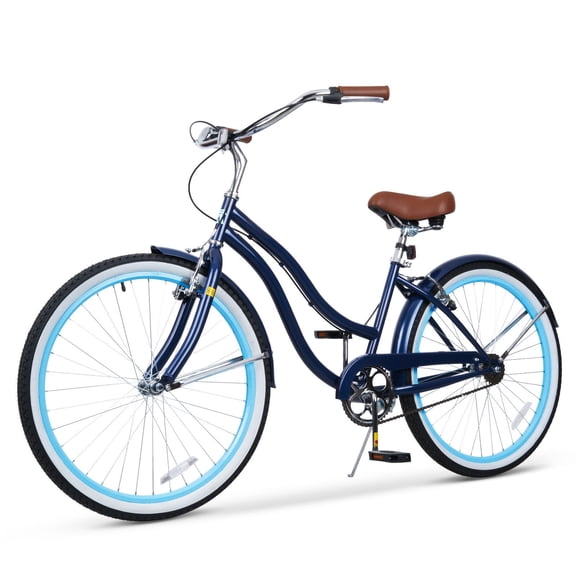 Hykolity 24 Inch Adult Beach Cruiser Bike, Upright Riding Seat Bicycle with Alloy Steel Frame Dual V-Brakes, Beach City Commute Cycling, Navy