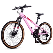 Hykolity 24 Inch Kids Mountain Bike, 21-Speed Children Girls Teen Age 9-15 MTB Bicycle, Dual Disc Brakes, High Carbon Steel Frame Outdoor Cycling, Pastel Pink