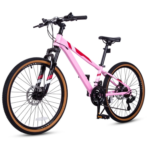 Hykolity 24 Inch Kids Mountain Bike, 21-Speed Children Girls Teen Age 9-15 MTB Bicycle, Dual Disc Brakes, High Carbon Steel Frame Outdoor Cycling, Pastel Pink