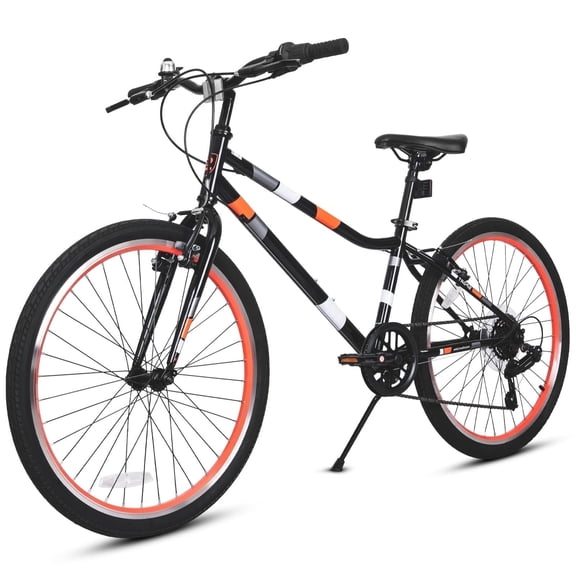 Hykolity 24 Inch Kids Mountain Bike Boys Girls Bicycle For Teen Ages 14+ Children MTB 7 Speeds Drivetrain All-Terrain Tires Front And Rear V-Brakes, Black Red