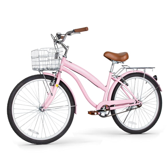 Hykolity 24 in Cruiser Bike Beach Bicycle for Adult Commuter City Bikes with Comforable Saddle Basket Rear Rack Fenders For Men and Woman Pink Pastel