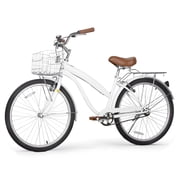 Hykolity 24 in Cruiser Bike Beach Bicycle for Adult Commuter City Bikes Rider Height 56-68 inch with Comfortable Saddle Basket Rear Rack Fenders For Men and Woman Soft White