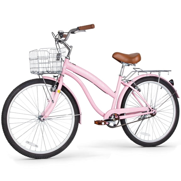 Hykolity 26 in Cruiser Bike Beach Bicycle for Women Comfortable City Bike Commuter Cycling Adult Rider Height 60-72 in with Rear Rack and Basket Pink Pastel