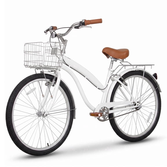Hykolity 26 inch Cruiser Bike for Women Comfortable Beach Bicycle High Carbon Steel Front and Rear Fenders City Bikes 1-Speed with Rear Rack, Basket, Soft Foam Seat, White