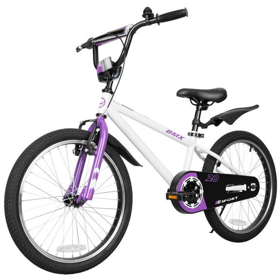 Hykolity Kids Bikes, 20 Inch BMX Style Boy's Bicycle Ages 6-12 Years Old, Kids Bicycle for Boys Girls with Training Wheels, Adjustable Seat, Front and Rear Fender, White