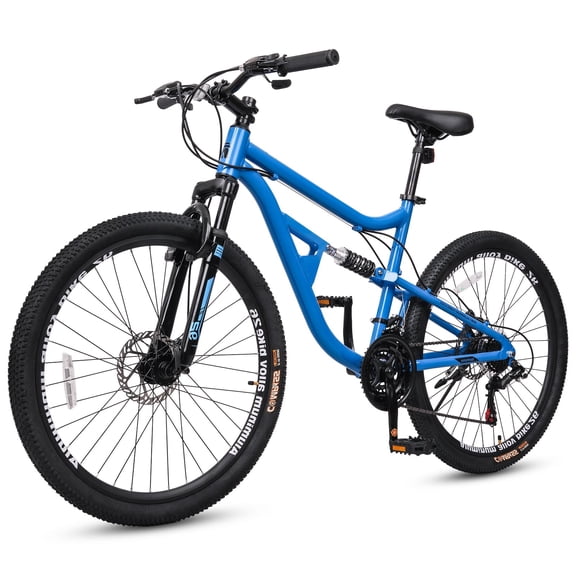 Hykolity Mountain Bike 24 Inch, 21 Speed MTB for Adult Men Women, Full Suspension, Aluminum Frame, Dual Disc Brakes Outdoor Cycling Bicycle, Navy Blue