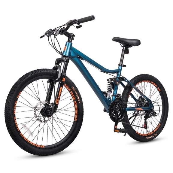 Hykolity Mountain Bike 24 Inch, 21 Speed MTB for Adult Men Women, Full Suspension, Aluminum Frame, Dual Disc Brakes Outdoor Cycling Bicycle, Teal Blue