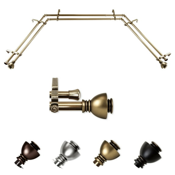 Hylda 13/16" Bay Window Double Curtain Rod 20"-36", 38"-72" - Antique Brass