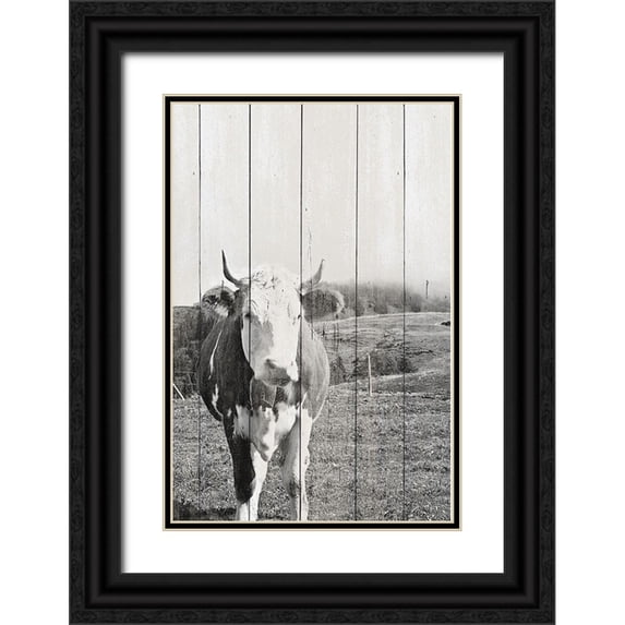 Hyler, JB 23x32 Black Ornate Wood Framed with Double Matting Museum Art Print Titled - BW Country Cows on Wood