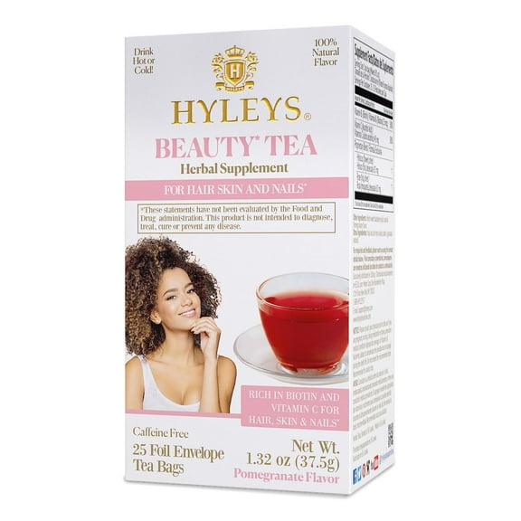 Hyleys Beauty Tea Herbal Supplement - 25 Tea Bags - Rich in Vitamin C & Biotin for Hair, Skin, and Nails Health - Pomegranate Flavor (Caffeine Free)