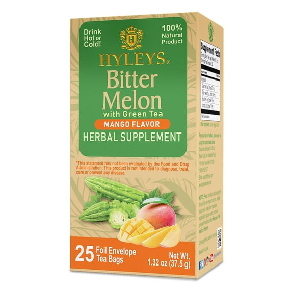 Hyleys Bitter Melon with Green Tea - Mango Flavor - 25 Tea Bags - Promotes Liver Health - Herbal Dietary Supplement