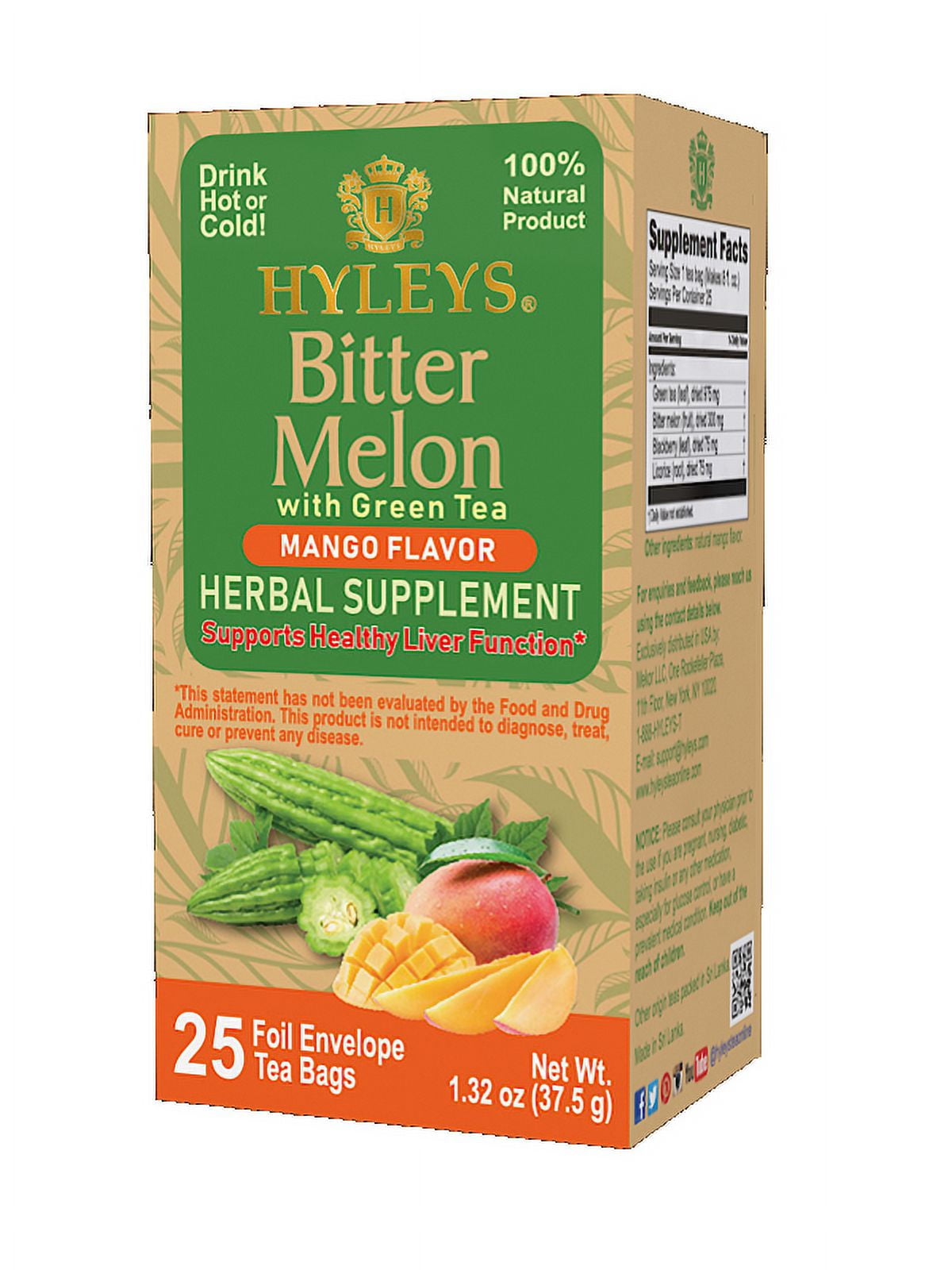 Hyleys Bitter Melon with Green Tea Mango Flavor 25 Tea Bags