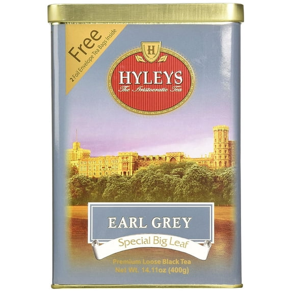 Hyleys Earl Grey Aromatic Black Tea, Big Leaf Loose, 14.11 oz (400g) Metal Tin