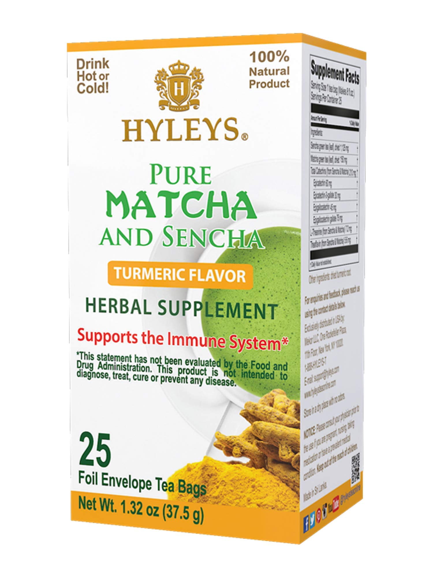 Hyleys Matcha Tea Bags with Turmeric 25 Tea Bags (Japanese Pure Matcha Wellness Green Tea
