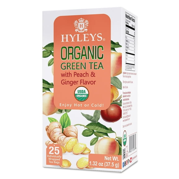 Hyleys Organic Green Tea Peach and Ginger Flavor - 25 Tea Bags