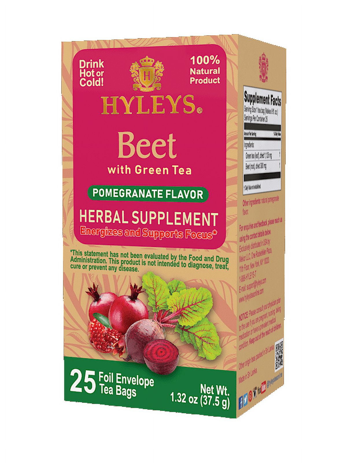 Hyleys Pomegranate Flavored Beet and Green Tea 25 Tea Bags Supports Focus and Energy
