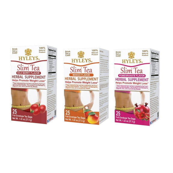 Hyleys Slim Tea Weight Loss Drink Bundle - Exotic Slimming Elixir - 3 Pack - 75 Tea Bags Total - Goji Berry, Mango, Pomegranate