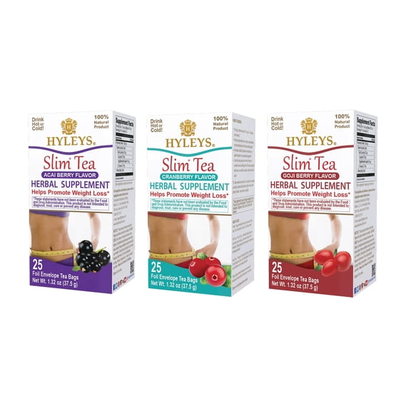 Hyleys Slim Tea Weight Loss Drink Bundle - Triple Berry Detox Trio - 3 Pack - 75 Tea Bags Total - Acai Berry, Cranberry, Goji Berry