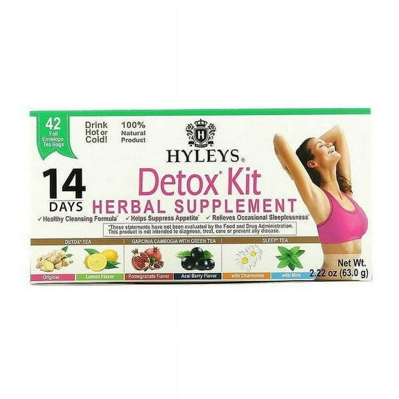 Hyleys Tea, Detox Kit, 14 Day Cleanse, Assorted Flavors, 42 Foil Envelope Tea Bags, 2.22 oz Pack of 2