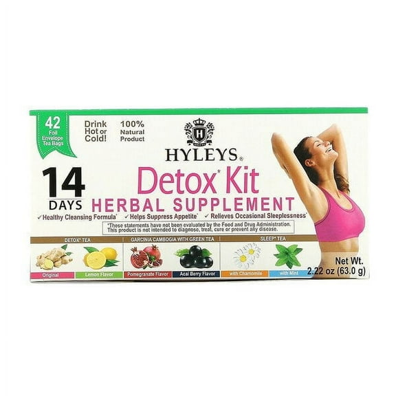 Hyleys Tea, Detox Kit, 14 Day Cleanse, Assorted Flavors, 42 Foil Envelope Tea Bags, 2.22 oz Pack of 3