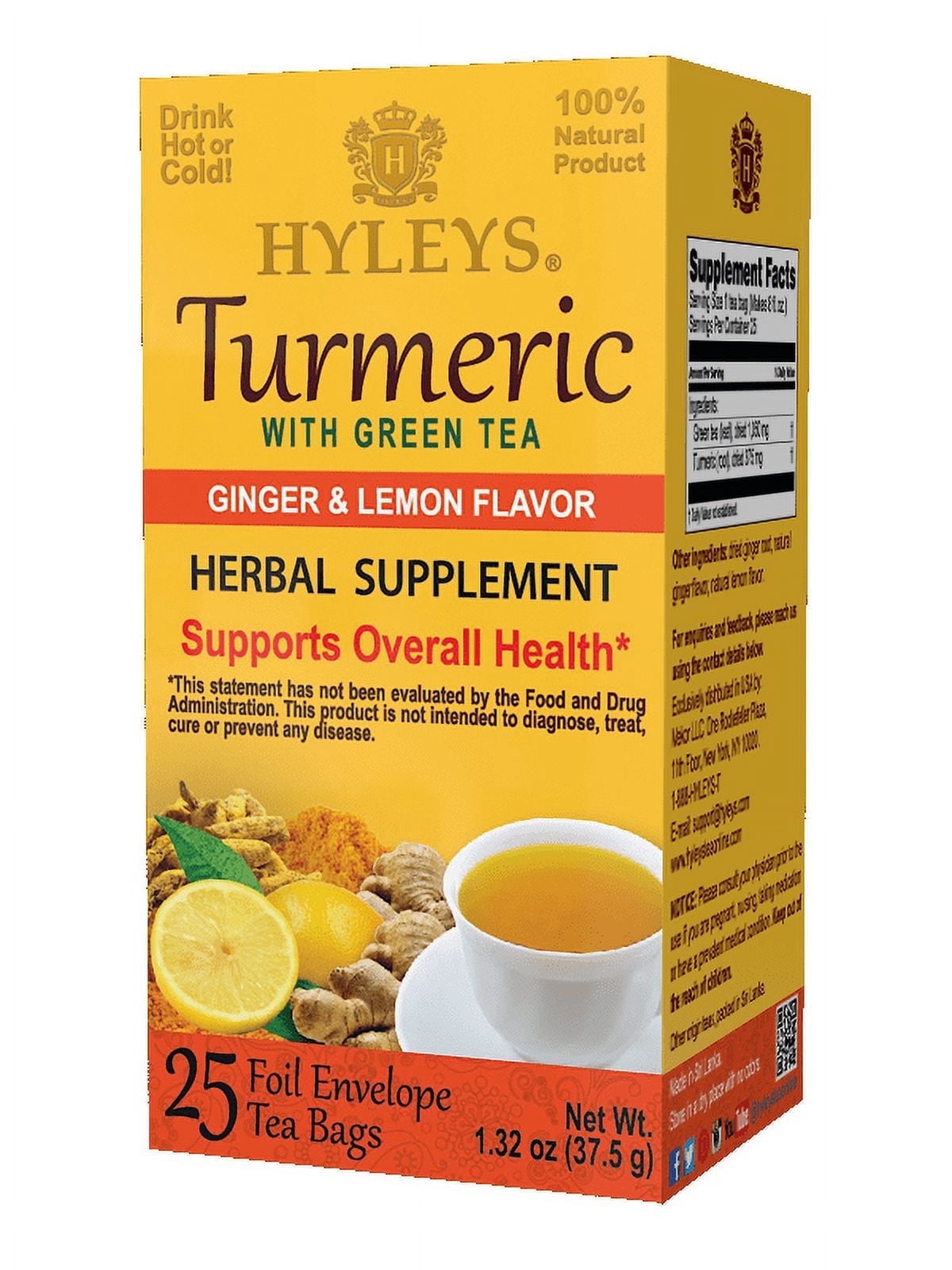 Hyleys Ayurvedic Spicy Calming Turmeric Ginger & Lemon Green Tea Bags - 25 Count