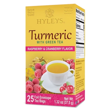 Hyleys Turmeric Tea - Raspberry & Cranberry Flavors - 25 Tea Bags - Wellness Herbal Supplement Green Tea