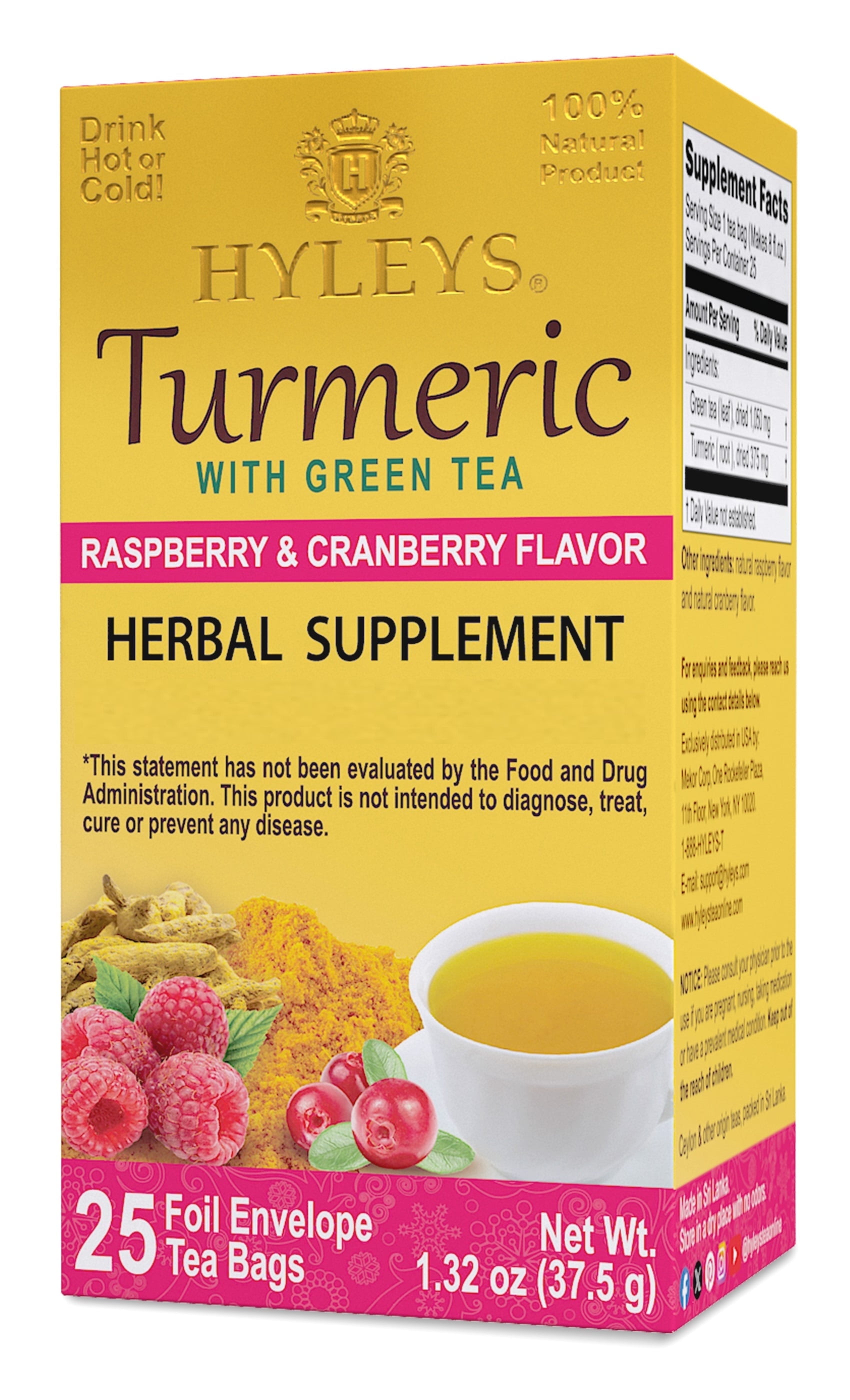 Hyleys Turmeric Tea - Raspberry & Cranberry Flavors - 25 Tea Bags ...