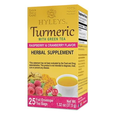 Hyleys Turmeric Tea - Raspberry & Cranberry Flavors - 25 Tea Bags - Wellness Herbal Supplement Green Tea