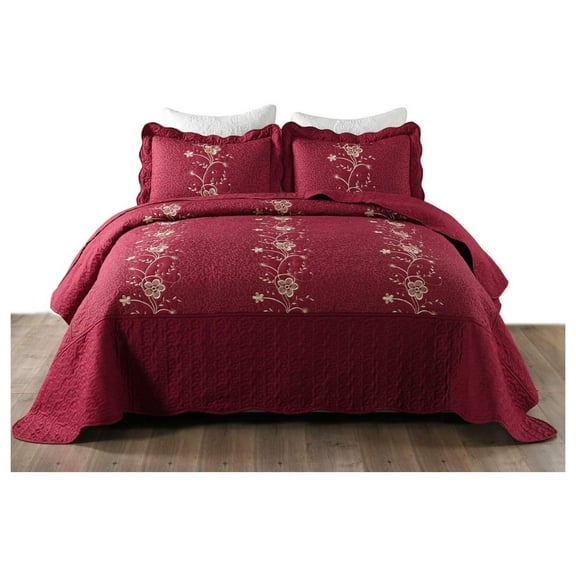 Hymkun 3 Piece Lightweight Bedspread Quilt Set Microfiber Quilt Embroidered Bedspreads Bed Coverlet Set, Lapaz (Burgundy, King)