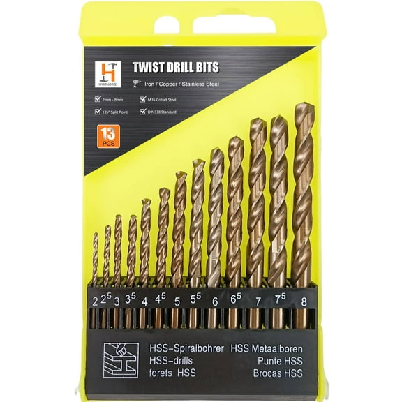 Hymnorq Metric M35 Cobalt Steel Twist Drill Bits Set of 13pcs, 2mm to 8mm by 0.5mm