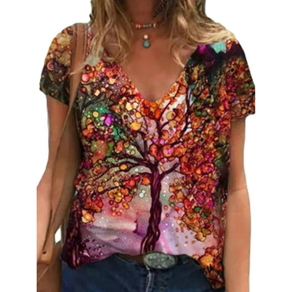 Hymorin 3D Print Women Color Contrast V Neck Short Sleeve T-Shirts