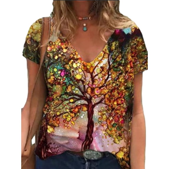 Hymorin 3D Print Women Color Contrast V Neck Short Sleeve T-Shirts