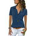 thumbnail image 1 of Hymorin Buttons Down Shirts Women Lapel Neck Short Sleeve Solid Blouses, 1 of 3