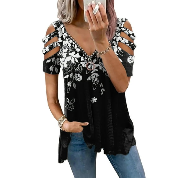 Hymorin Hollow Out Women Zipper V Neck Cold Soulder Short Sleeve Blouses
