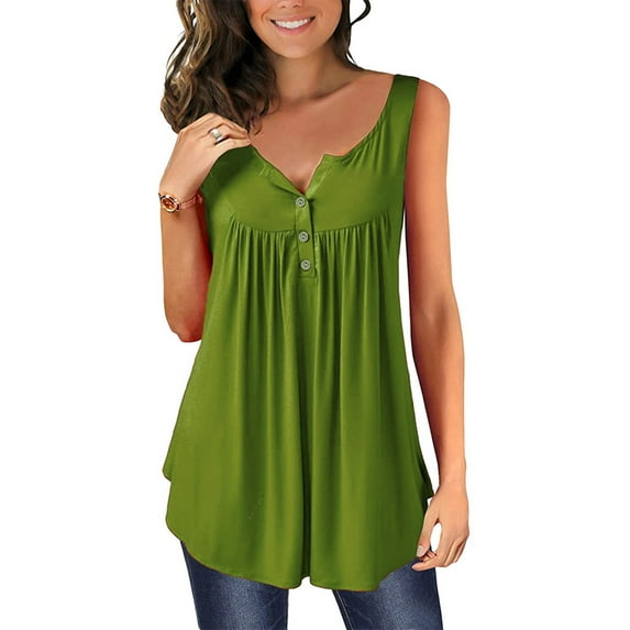 Hymorin Pleated Buttons Women Solid Color Round Neck Sleeveless Tops