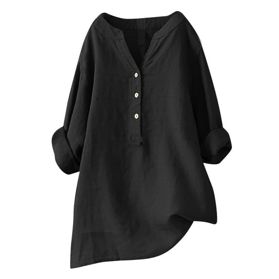 Hymorin Plus Size Buttons Down Women Solid Color V Neck Long Sleeve Loose Tops