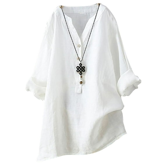 Hymorin Plus Size Buttons Down Women Solid Color V Neck Long Sleeve Loose Tops