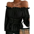 thumbnail image 1 of Hymorin Solid Color Women Waist Tie Up Ruffle Stitching Off Shoulder Long Sleeve Tops, 1 of 2