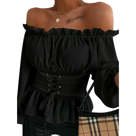 Hymorin Solid Color Women Waist Tie Up Ruffle Stitching Off Shoulder Long Sleeve Tops