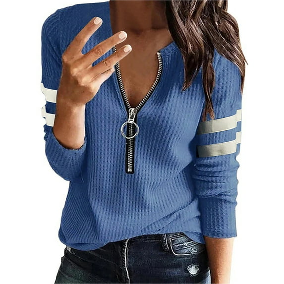 Hymorin Solid Color Women Zip V Neck Parallel Bar Panel Long Sleeve Tops